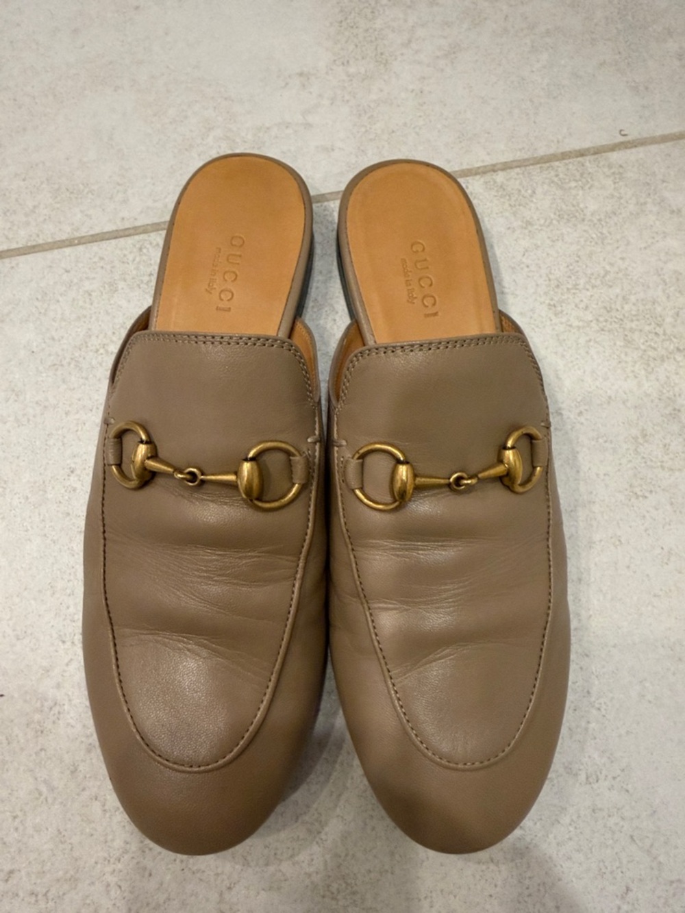 Gucci Taupe Leather Horsebit Backless Loafers